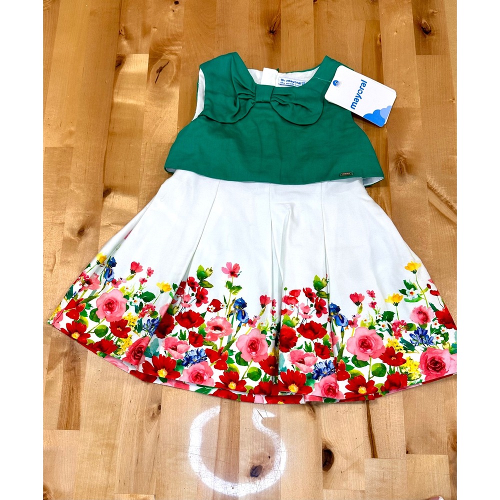 Mayoral Floral Dress Kids 18M Green White NEW Bow Pleated Spring